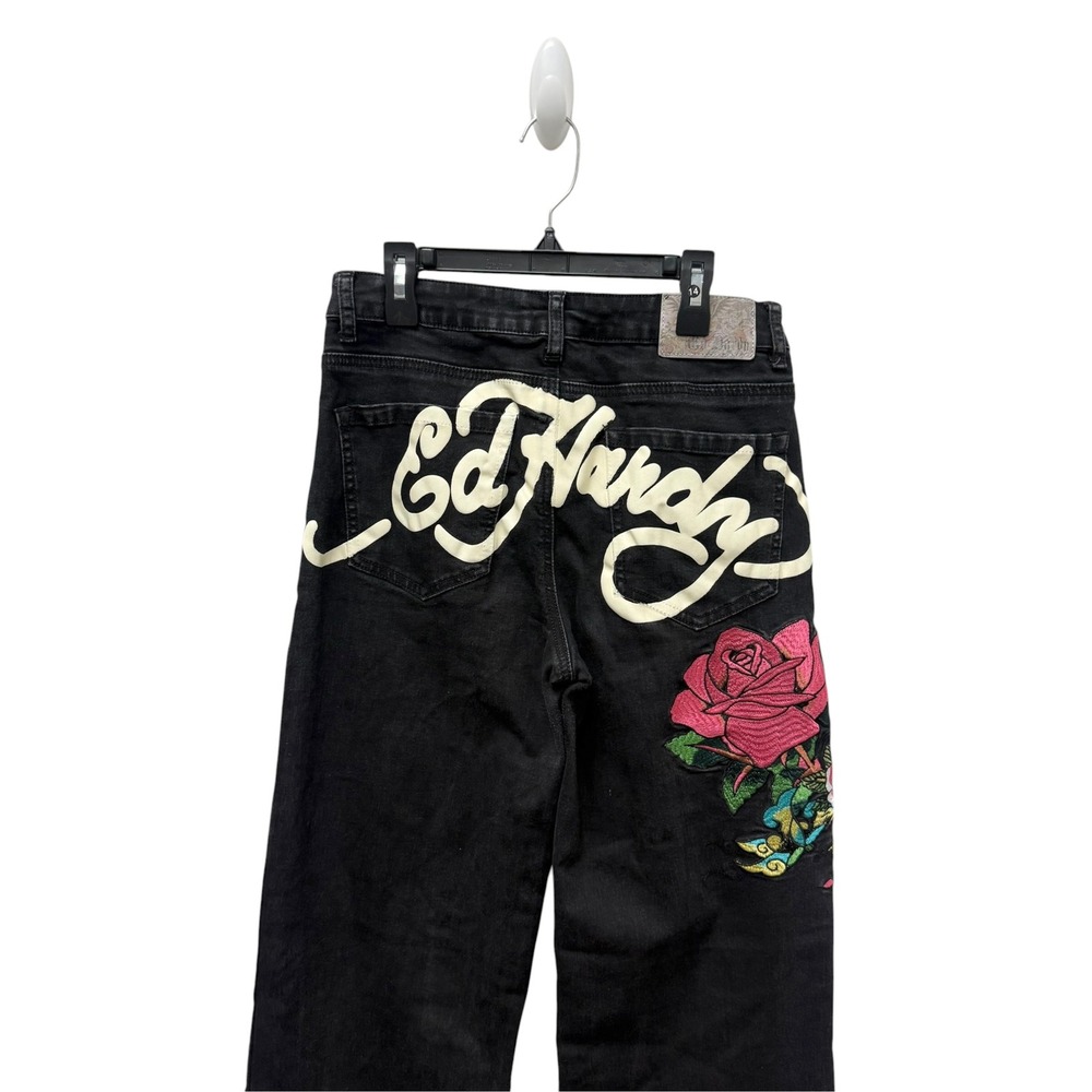 Ed Hardy Womens Black Wide Leg Jeans Skull Rose Embroidery Y2K 29 Waist - Picture 3 of 13